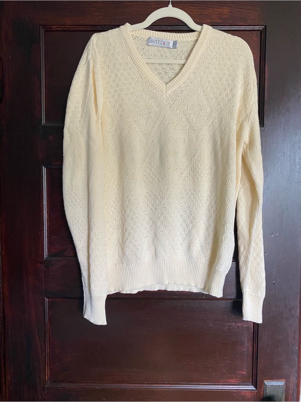 Vintage 90s Jantzen Cream Diamond Knit V-Neck Sweater Made in USA Large